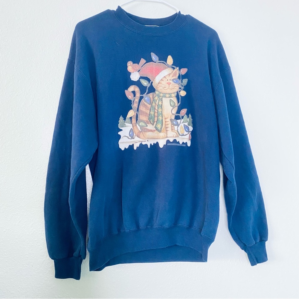Eden Lane Cat Wrapped In Lights Pullover Granny Christmas Sweatshirt Medium